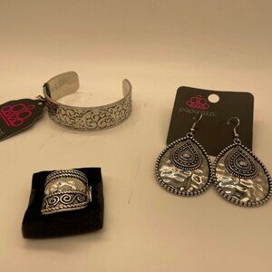 NWT Paparazzi Earrings Bracelet and Ring Silver Tone Hammered Embossed
